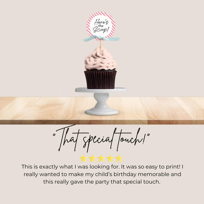 Here's the Scoop Cupcake Toppers Birthday Ice Cream Party Decorations Scoops of Fun Birthday Decor Party Supplies Sweet Cake Topper 0002