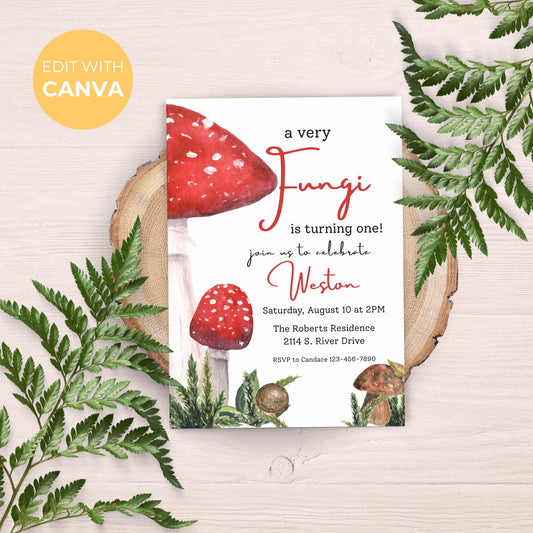 Fungi Birthday Invitation First Birthday Mushroom Party Invite Woodland Birthday Fun Guy Invitation Whimsical Cottagecore 1st Birthday  0004