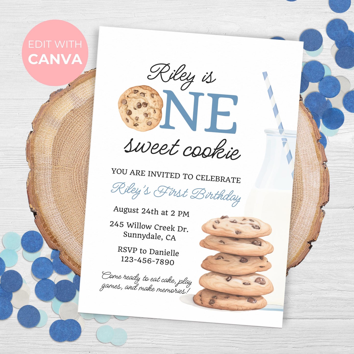 One Sweet Cookie Birthday Invitation First Birthday Boy Milk Cookies Party 1st Birthday Cookie Sweet Celebration Toddler Birthday Cute 0005