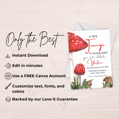 Mushroom 8th Birthday Invitation Template: Digital Download 0004