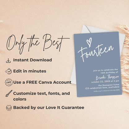 14th Birthday Dusty Blue Invite Template: Simple Teen Girl Printable Invitation 0011