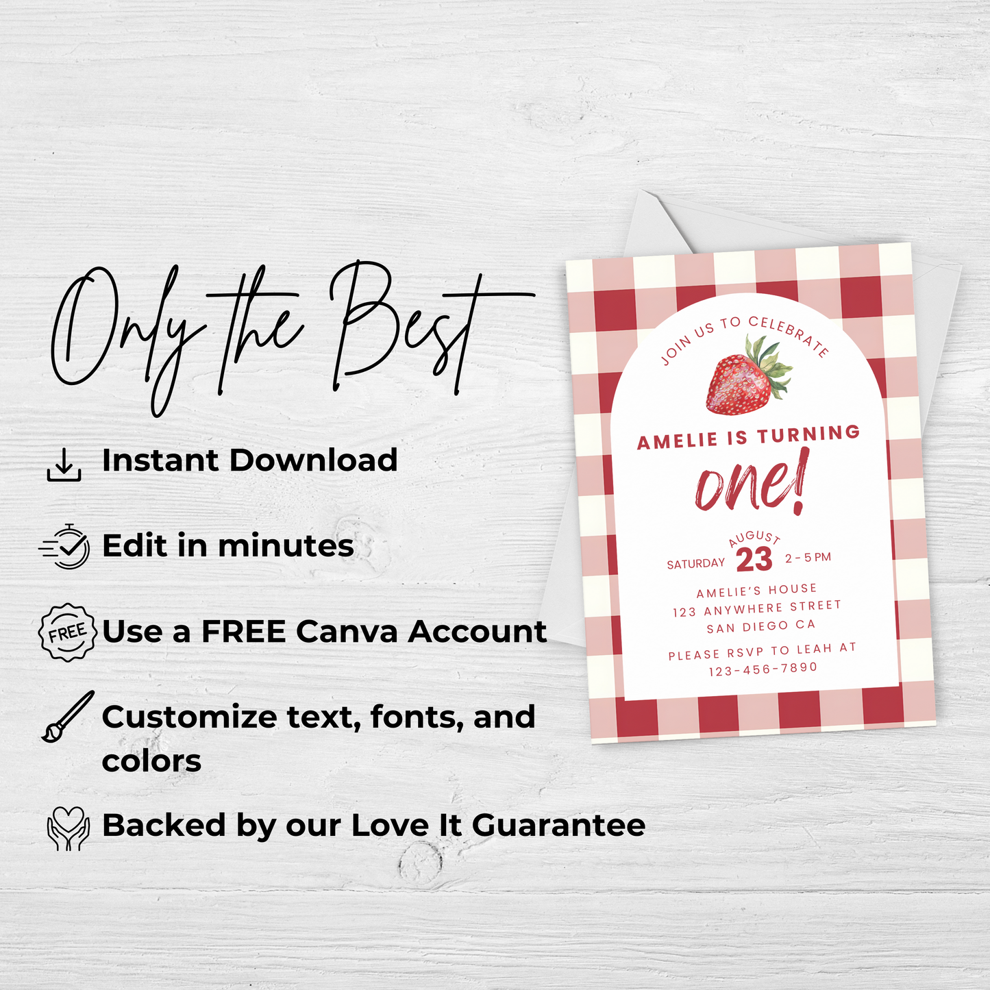 Strawberry Birthday Invitation: First Birthday Girl Editable Printable Invite 0010