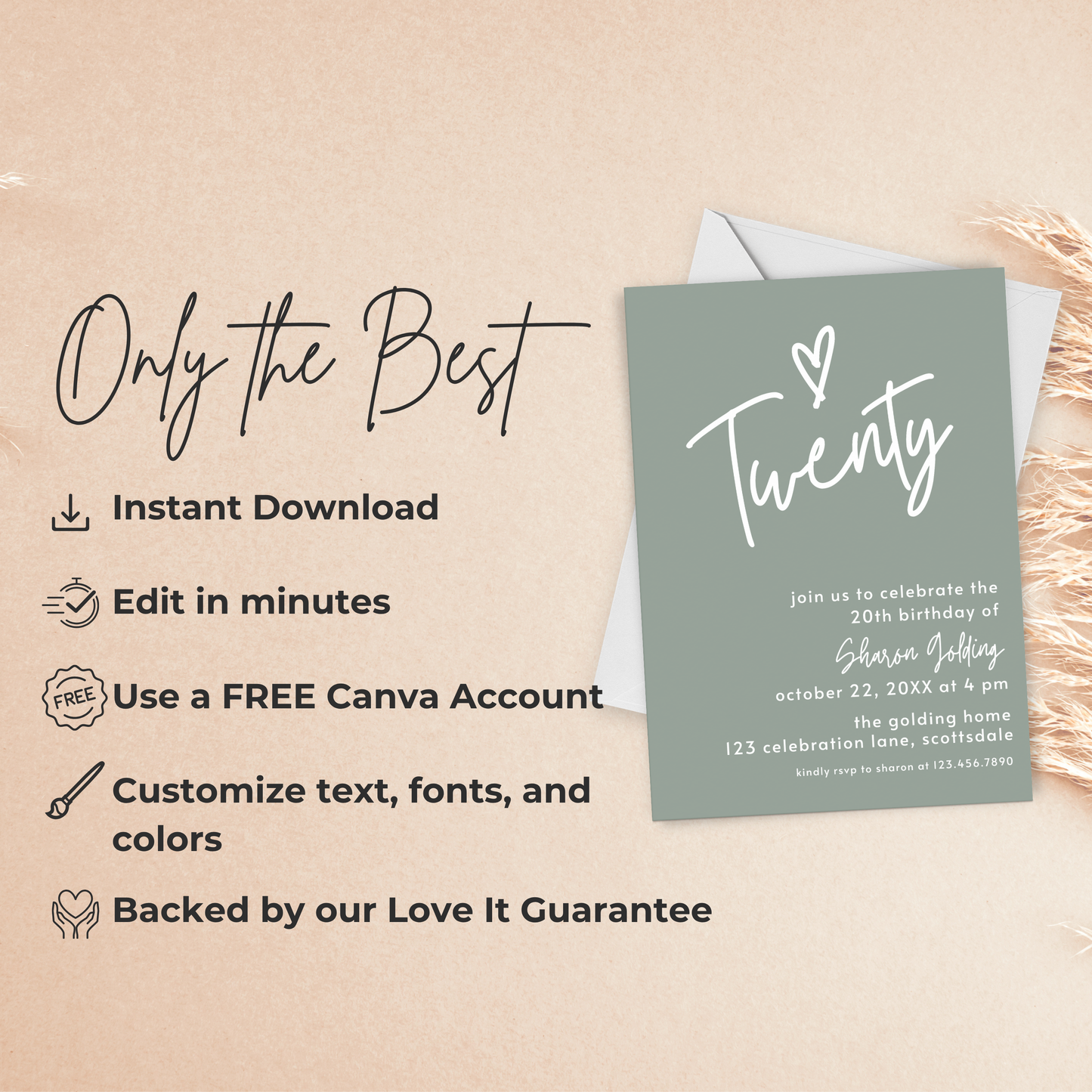 20th Birthday Invitation Sage Green Twentieth Birthday Invite for Woman Simple Elegant Invitation Printable Template Modern Adult 0014