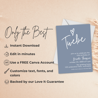 12th Birthday Invitation for Girl Dusty Blue Twelfth Birthday Invite Dusty Blue Birthday Teenager Simple Invitation Printable Template 0011