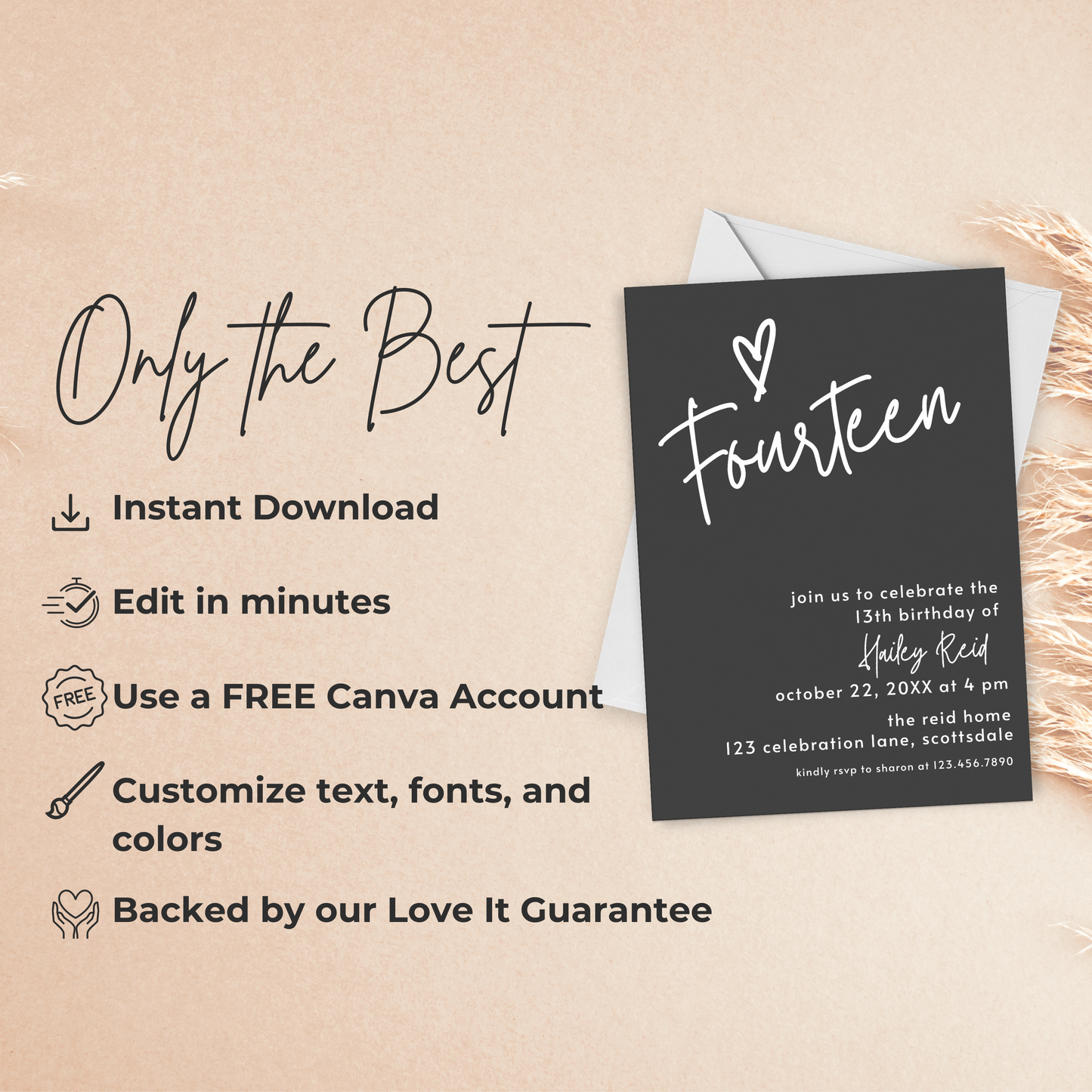 14th Birthday Charcoal Black Invite Template: Simple Teen Girl Printable Invitation 0013