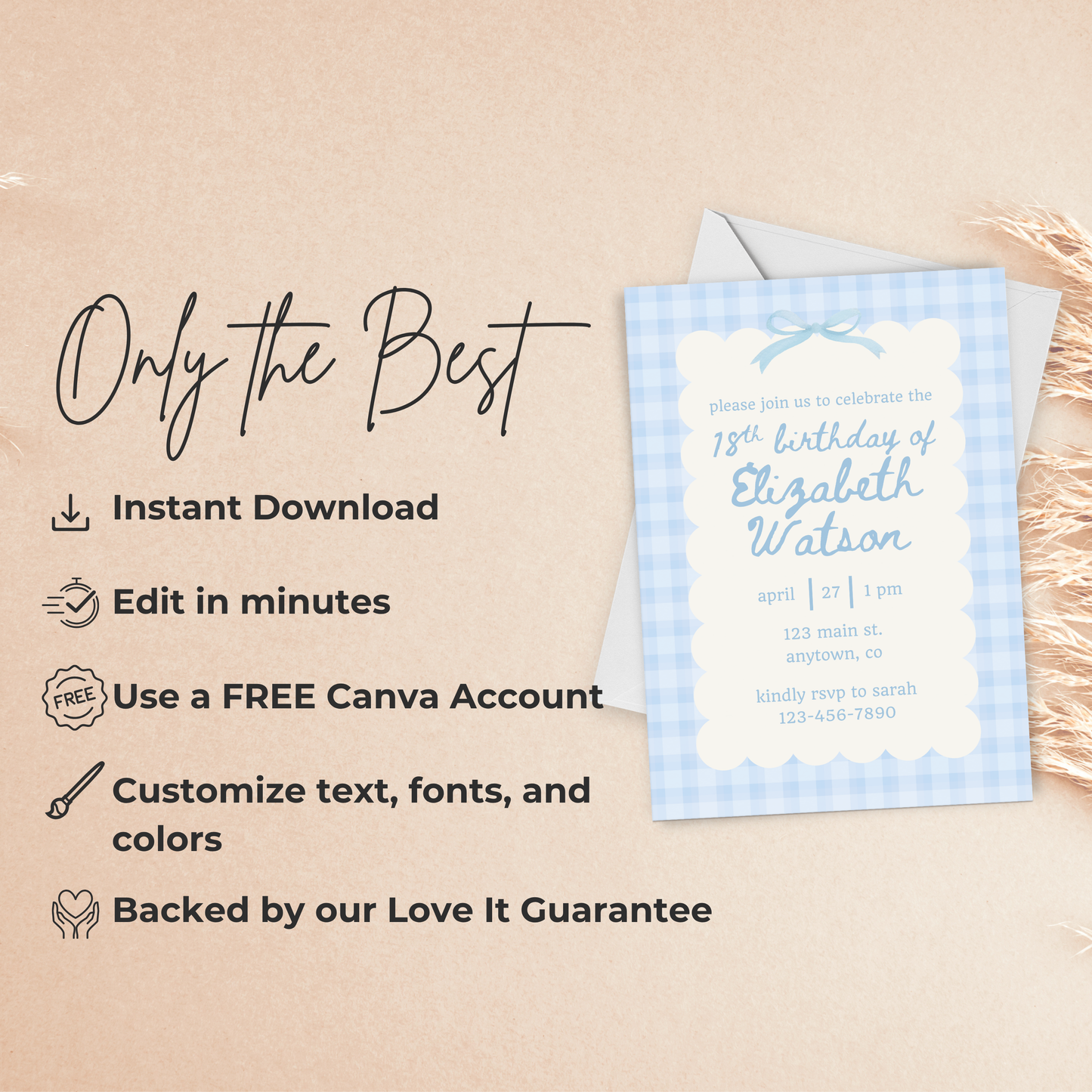 18th Birthday Blue Gingham Invite Template: Simple Women's Invitation Printable 0012