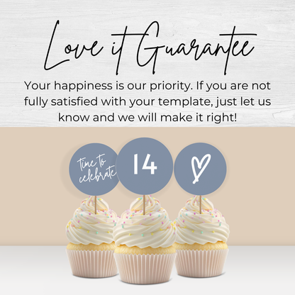 14th Birthday Cupcake Toppers: Dusty Blue Teen Girl Printable Party Decor 0011