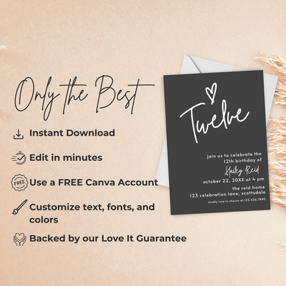 12th Birthday Invite Template: Simple Teen Girl Invitation Printable 0013