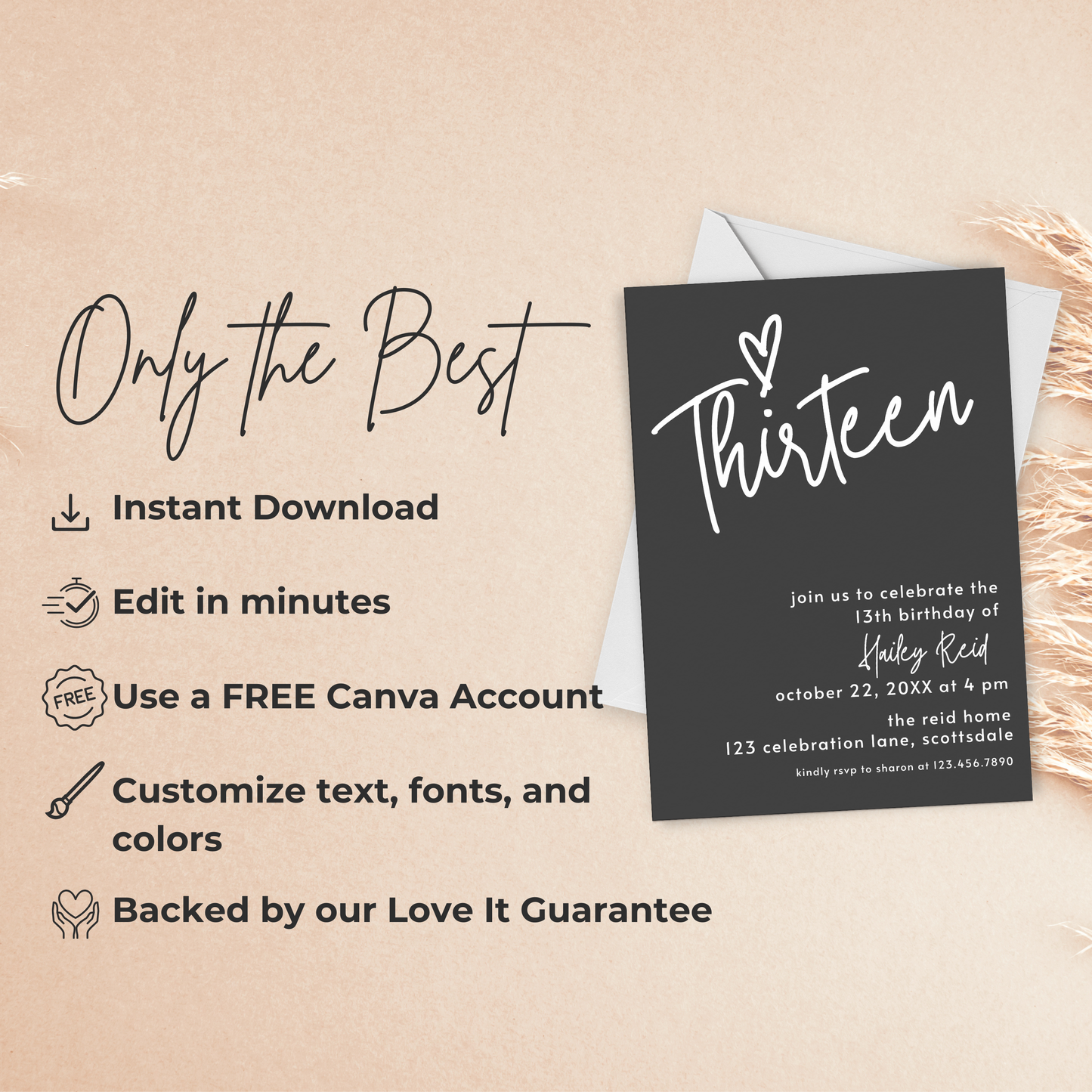 13th Birthday Charcoal Black Invite Template: Simple Teen Girl Printable 0013