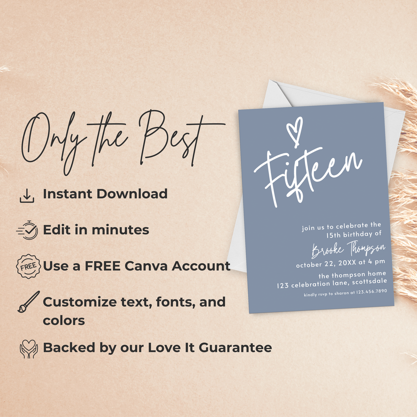 15th Birthday Girl Invite: Dusty Blue Printable Invitation Template 0011