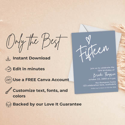 15th Birthday Girl Invite: Dusty Blue Printable Invitation Template 0011