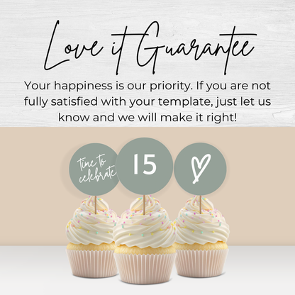15th Birthday Cupcake Toppers: Sage Green Teen Girl Printable Party Decor 0003