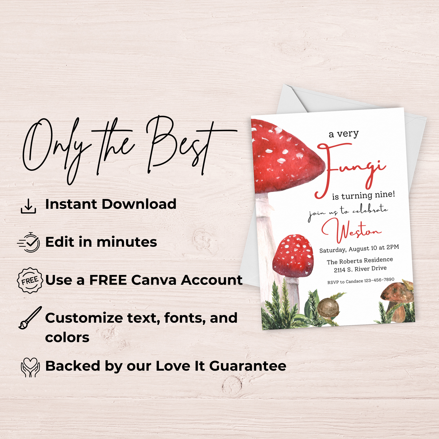 Mushroom 9th Birthday Invitation Template: Fungi Invite Digital Download 0004