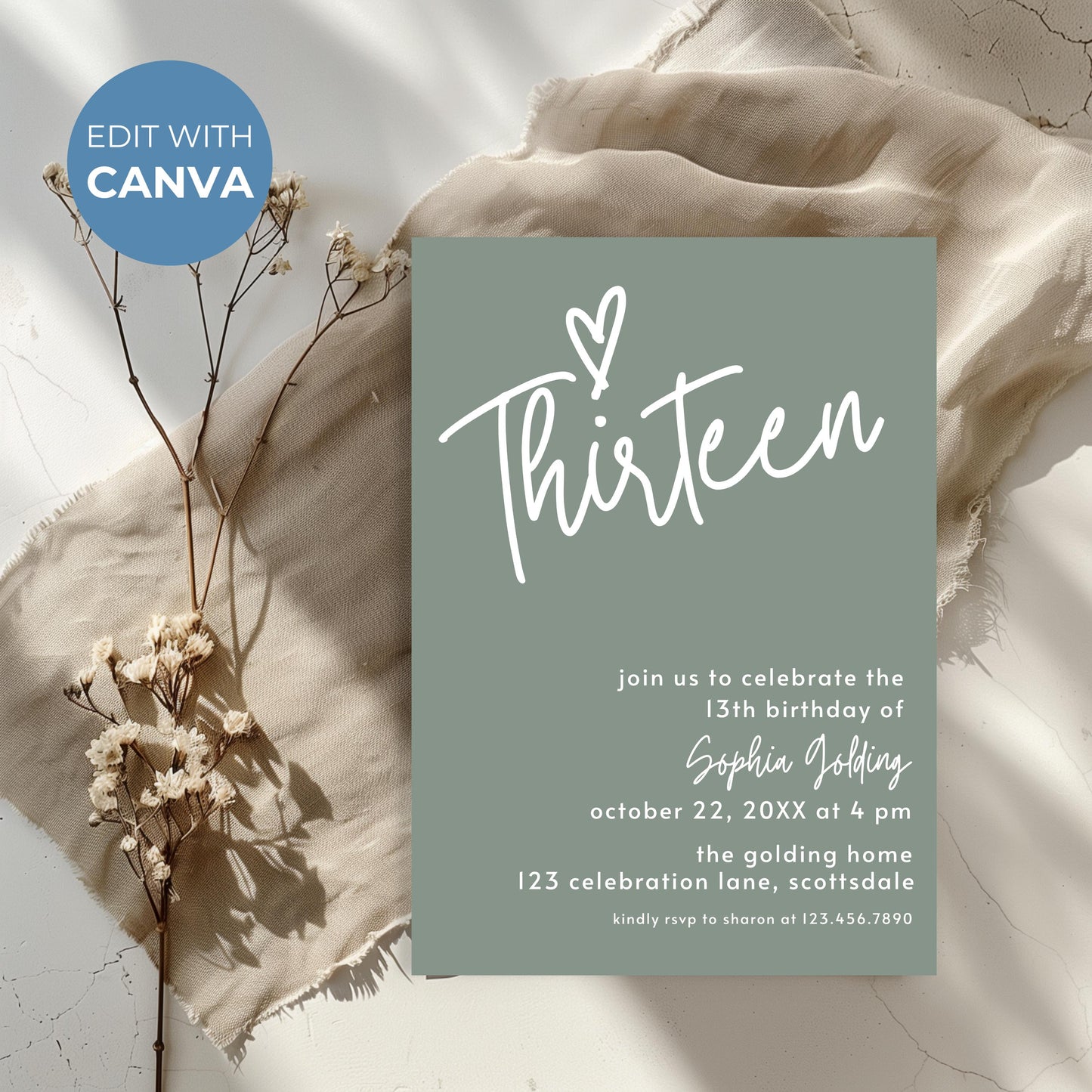 13th Birthday Invitation Sage Green Thirteenth Birthday Invite for Teenager Simple Elegant Invitation Printable Template Modern Girl 0003