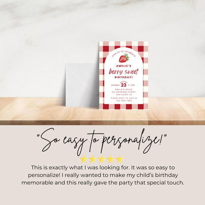 Berry Sweet Birthday Invitation Strawberry Birthday Invitation Berry Sweet Birthday Invite Berry Sweet Birthday Strawberry Gingham 0010