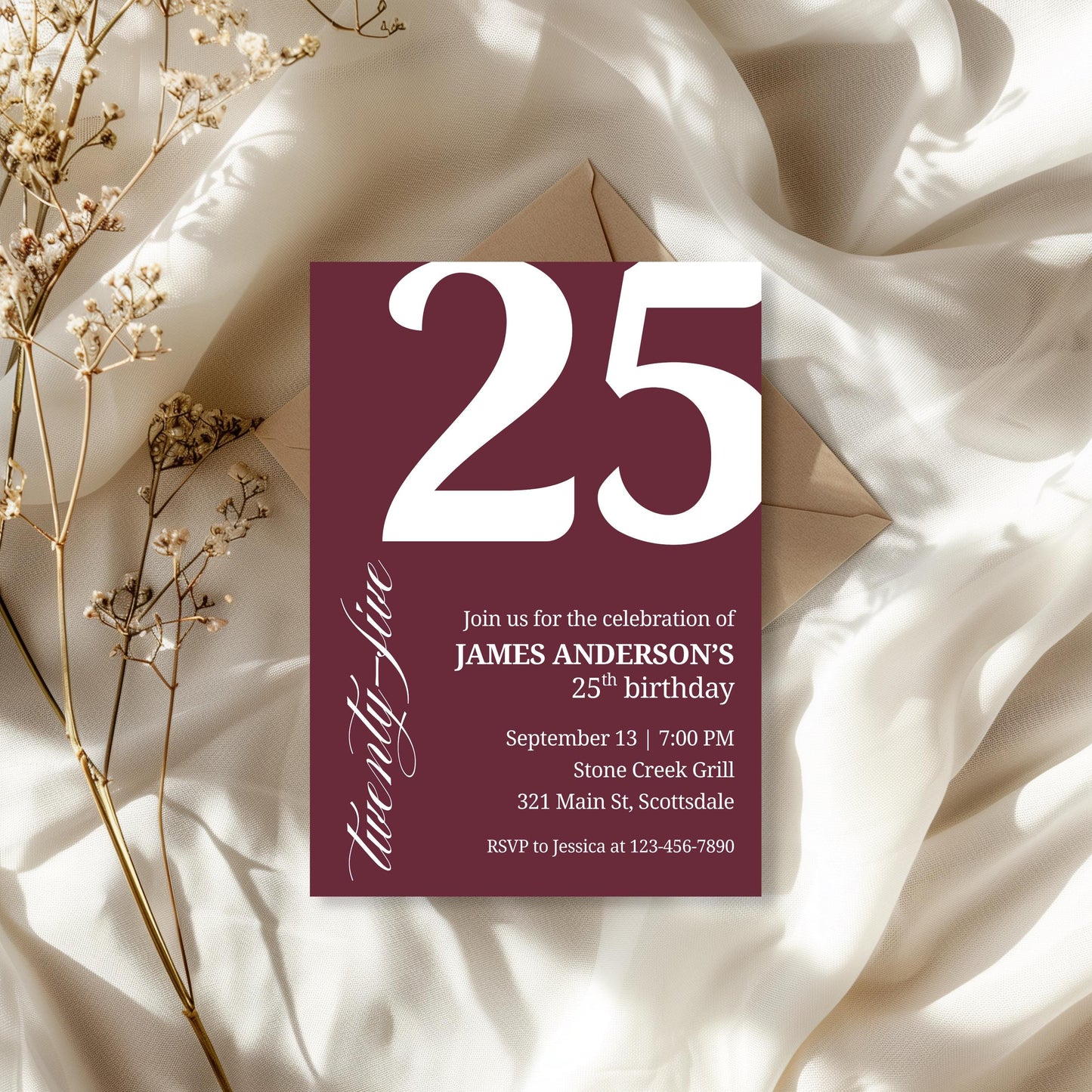 25th Birthday Invite for Men Invitation for 25 Birthday Masculine Birthday Dinner Invite Maroon Adult Milestone Birthday Editable 0007