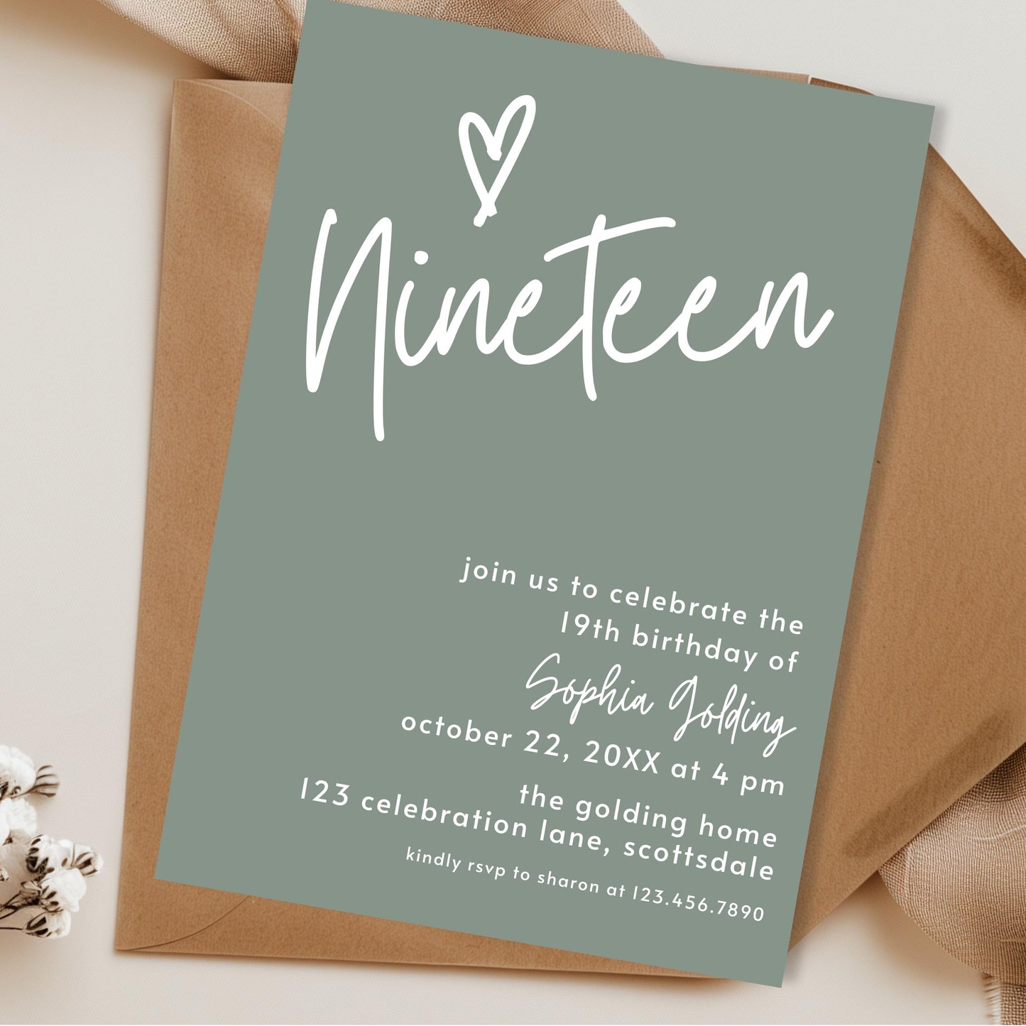 19th Birthday Invitation for Girl Sage Green Nineteen Invite Sage Green Birthday for Teenager Simple Modern Adult Invitation Printable 0003