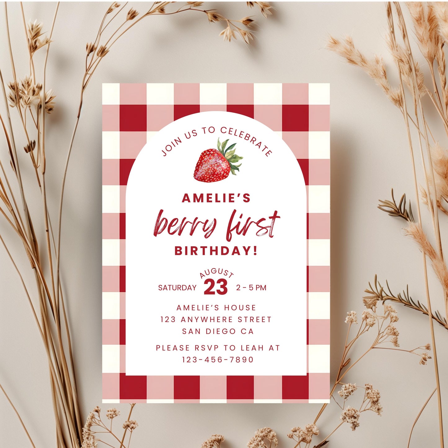 Berry First Birthday Invitation Strawberry Birthday Invitation Berry 1st Birthday Invite Berry Sweet One Birthday Strawberry Gingham 0010