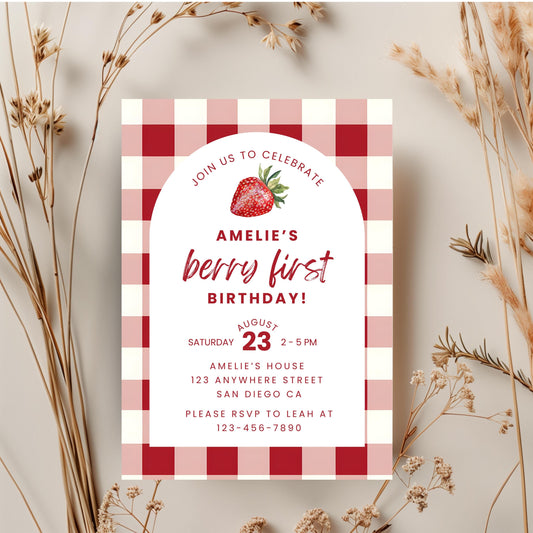 Berry First Birthday Invitation Strawberry Birthday Invitation Berry 1st Birthday Invite Berry Sweet One Birthday Strawberry Gingham 0010