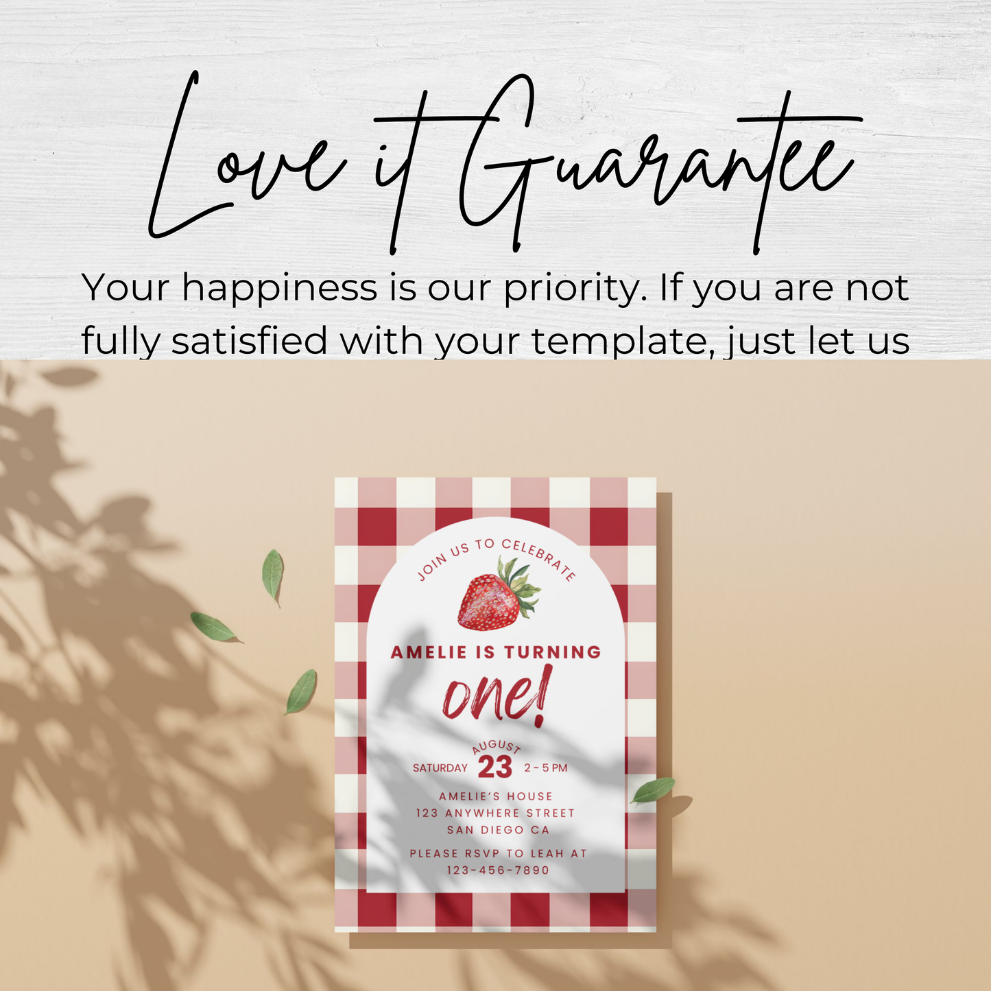 Strawberry Birthday Invitation: First Birthday Girl Editable Printable Invite 0010