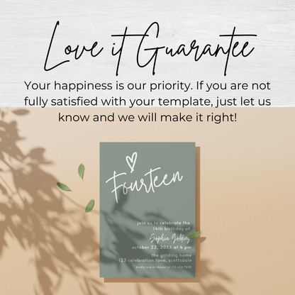 14th Birthday Photo Invitation Sage Green: Fourteenth Birthday Printable Invite for Teenager 0003