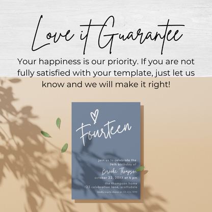 14th Birthday Dusty Blue Invite Template: Simple Teen Girl Printable Invitation 0011