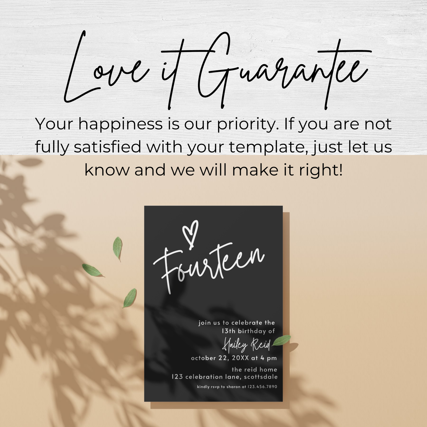 14th Birthday Charcoal Black Invite Template: Simple Teen Girl Printable Invitation 0013