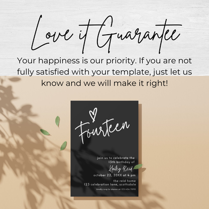 14th Birthday Charcoal Black Invite Template: Simple Teen Girl Printable Invitation 0013