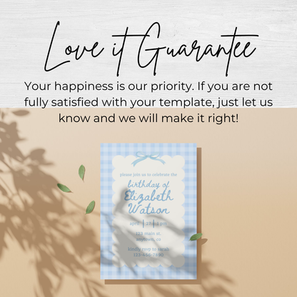 Blue Gingham Invitation for Women Birthday Party Dusty Blue Gingham Invite Scalloped Edge Modern Invitation Trendy Birthday Invite 0012