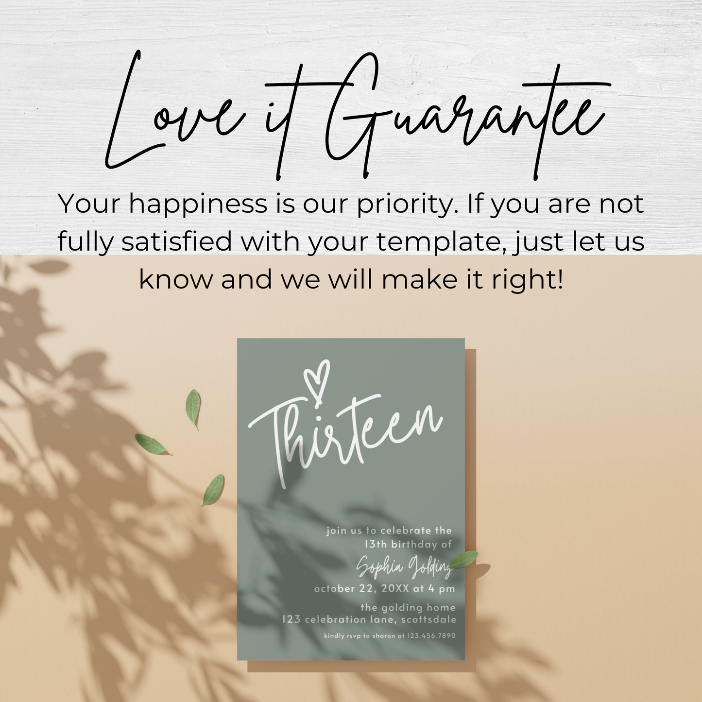 13th Birthday Photo Invitation Sage Green Thirteenth Birthday Invite for Teenager Simple Elegant Invitation Printable Template Modern 0003