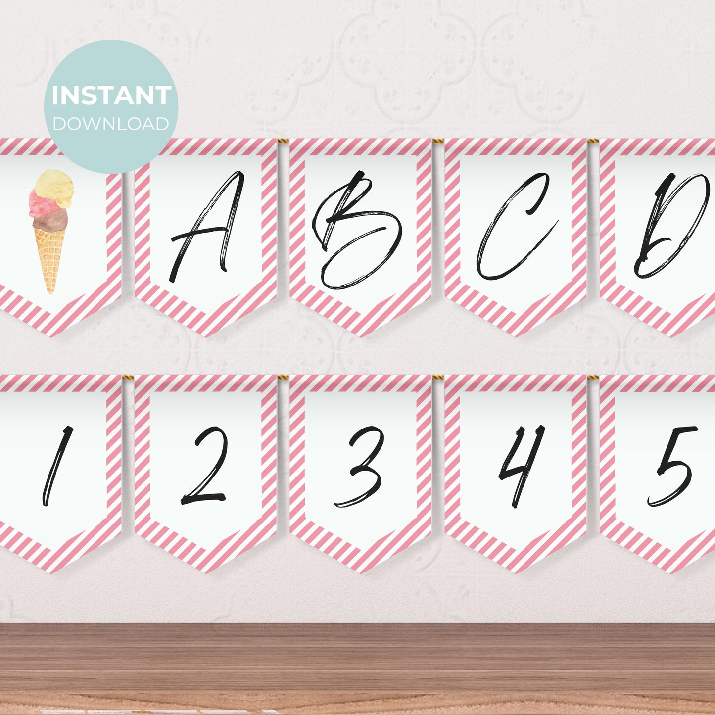 Ice Cream Party Alphabet Banner Letters A to Z Numbers Symbols Happy Birthday Banner Here's the Scoop Party Scoops of Fun Flag Banner 0002