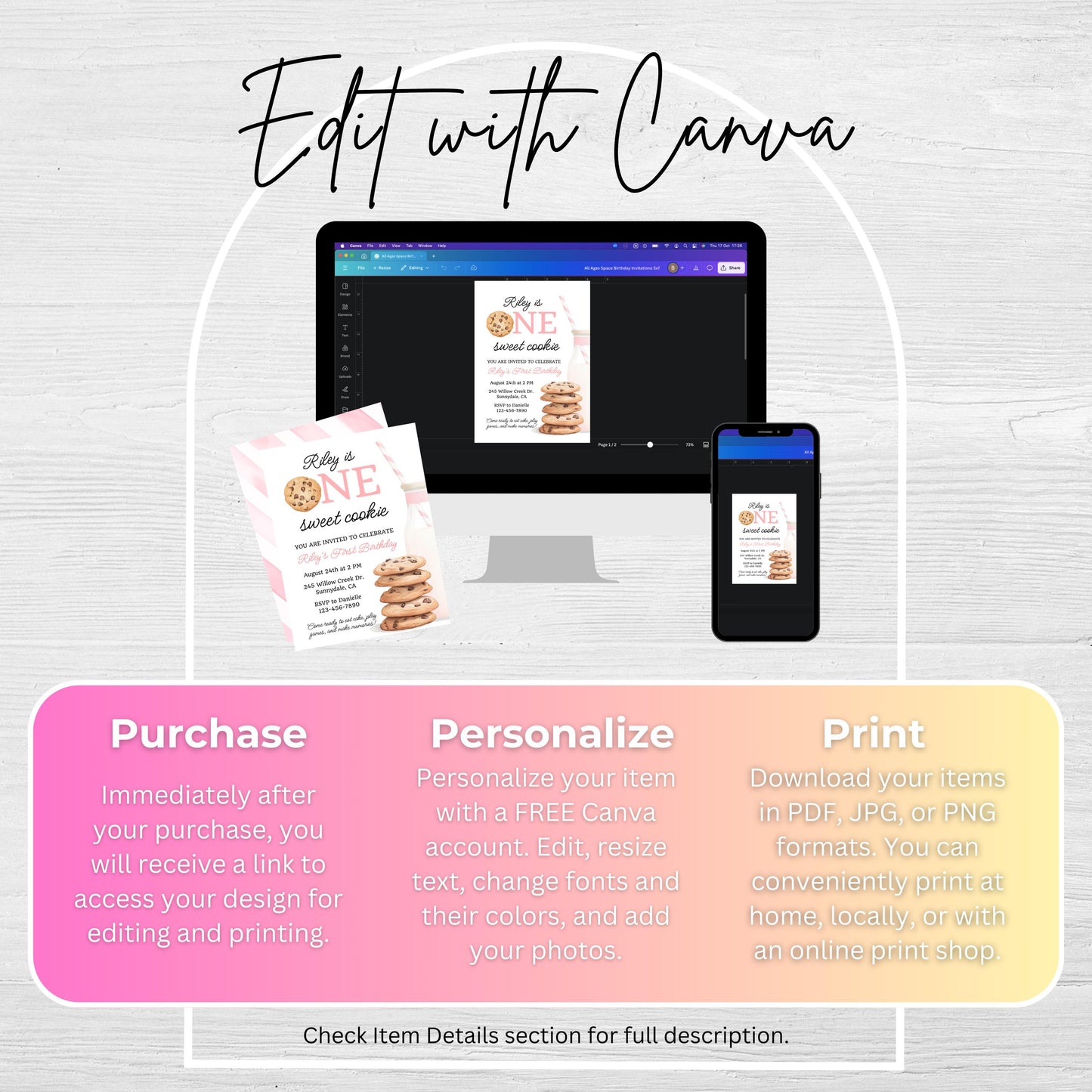 One Sweet Cookie Birthday Invitation First Birthday Girl Milk Cookies Party 1st Birthday Cookie Sweet Celebration Toddler Birthday Cute 0009