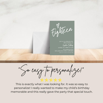 18th Birthday Invitation for Girl Sage Green Eighteen Invite Sage Green Birthday for Teenager Simple Modern Adult Invitation Printable 0003