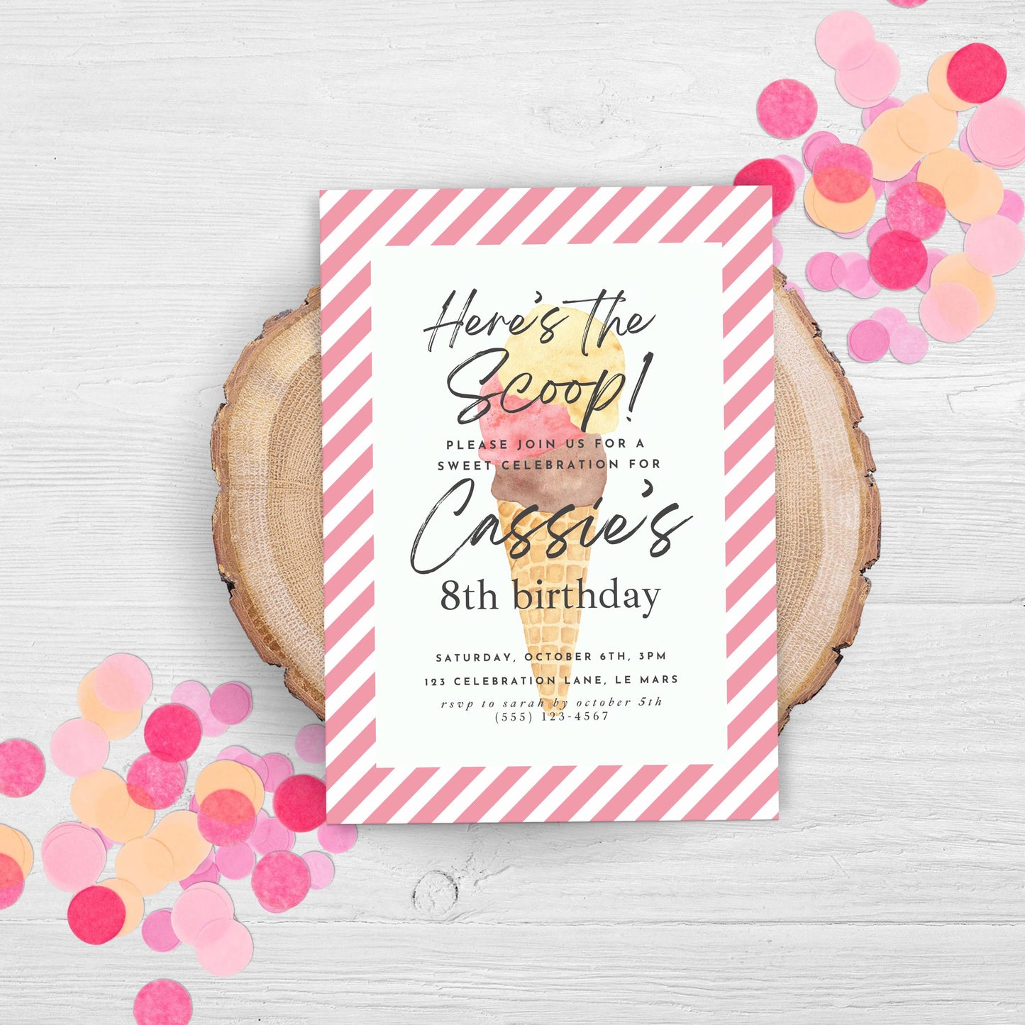 Here's the Scoop Invitation Ice Cream Birthday Party Invite Eighth Birthday Invite Template Girls Sweet Birthday Party 8th Birthday 0002