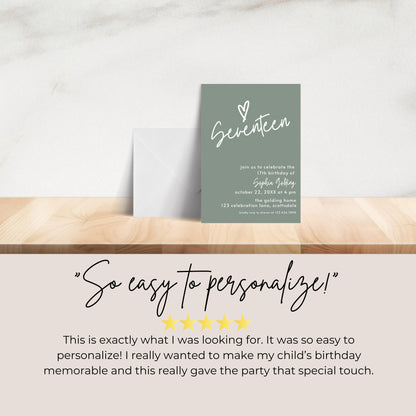 17th Birthday Invitation for Girl Sage Green Seventeen Invite Sage Green Birthday for Teenager Simple Modern Invitation Printable 0003