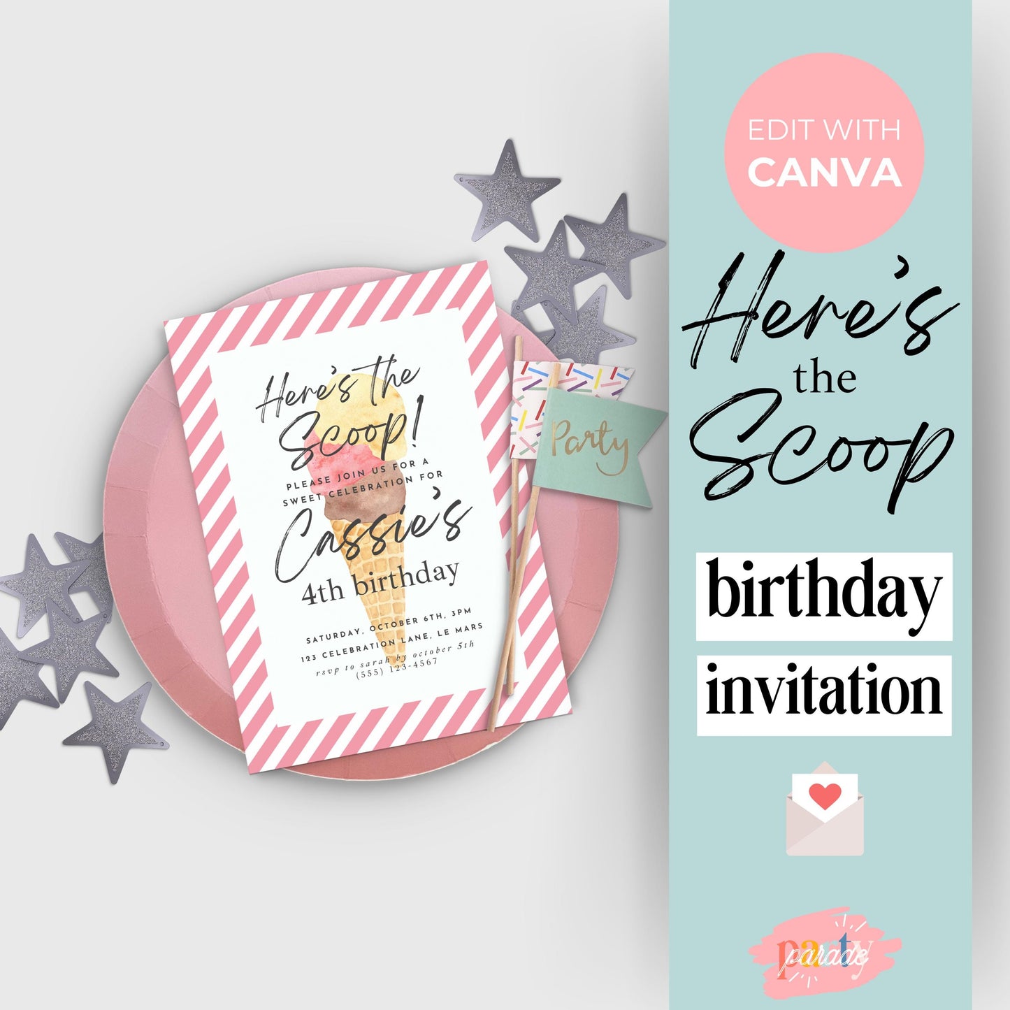 Here's the Scoop Invitation Ice Cream Birthday Party Invite Fourth Birthday Invite Template Girls Sweet Birthday Party 4th Birthday 0002