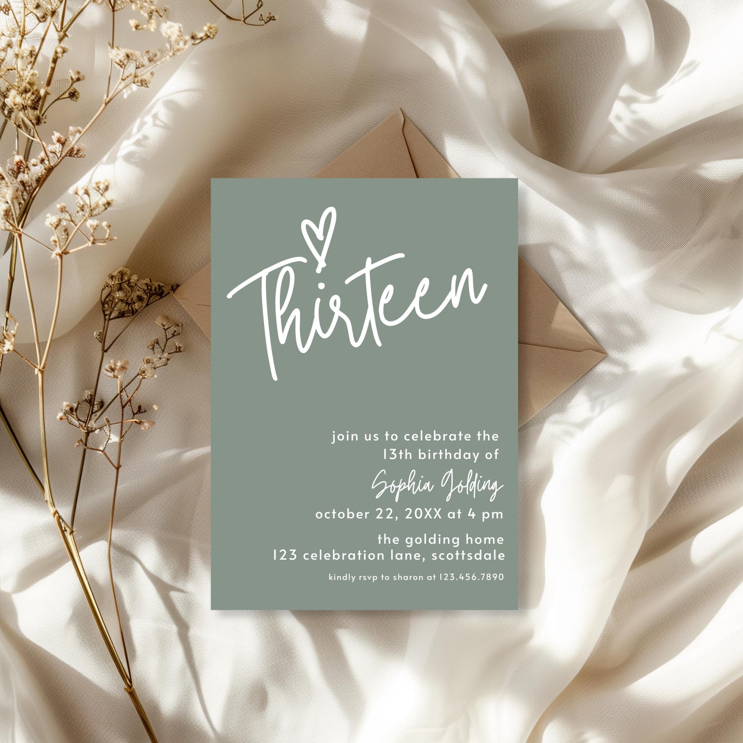 Invitation card for a 13th birthday celebration on a soft fabric background with dried flowers.