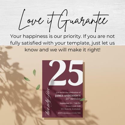 25th Birthday Invite for Men Invitation for 25 Birthday Masculine Birthday Dinner Invite Maroon Adult Milestone Birthday Editable 0007