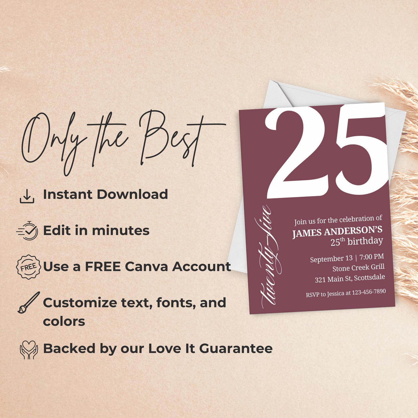 25th Birthday Invite for Men Invitation for 25 Birthday Masculine Birthday Dinner Invite Maroon Adult Milestone Birthday Editable 0007