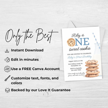 One Sweet Cookie Birthday Invitation First Birthday Boy Milk Cookies Party 1st Birthday Cookie Sweet Celebration Toddler Birthday Cute 0005
