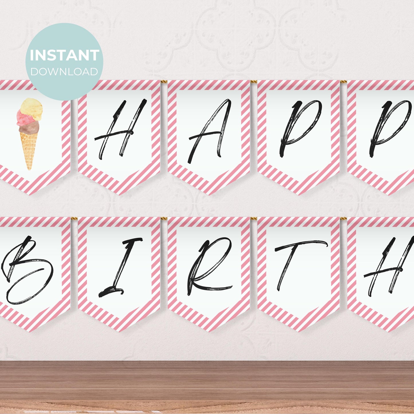 Ice Cream Happy Birthday Banner Sweet Party Banner Here's the Scoop Party Scoops of Fun Flag Printable Banner Girl Party Bunting 0002