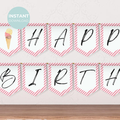 Ice Cream Happy Birthday Banner Sweet Party Banner Here's the Scoop Party Scoops of Fun Flag Printable Banner Girl Party Bunting 0002