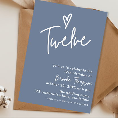 12th Birthday Invitation for Girl Dusty Blue Twelfth Birthday Invite Dusty Blue Birthday Teenager Simple Invitation Printable Template 0011