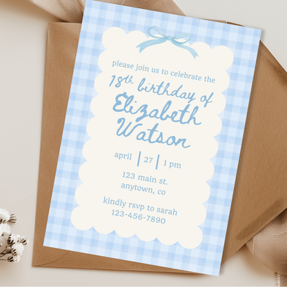 18th Birthday Blue Gingham Invite Template: Simple Women's Invitation Printable 0012