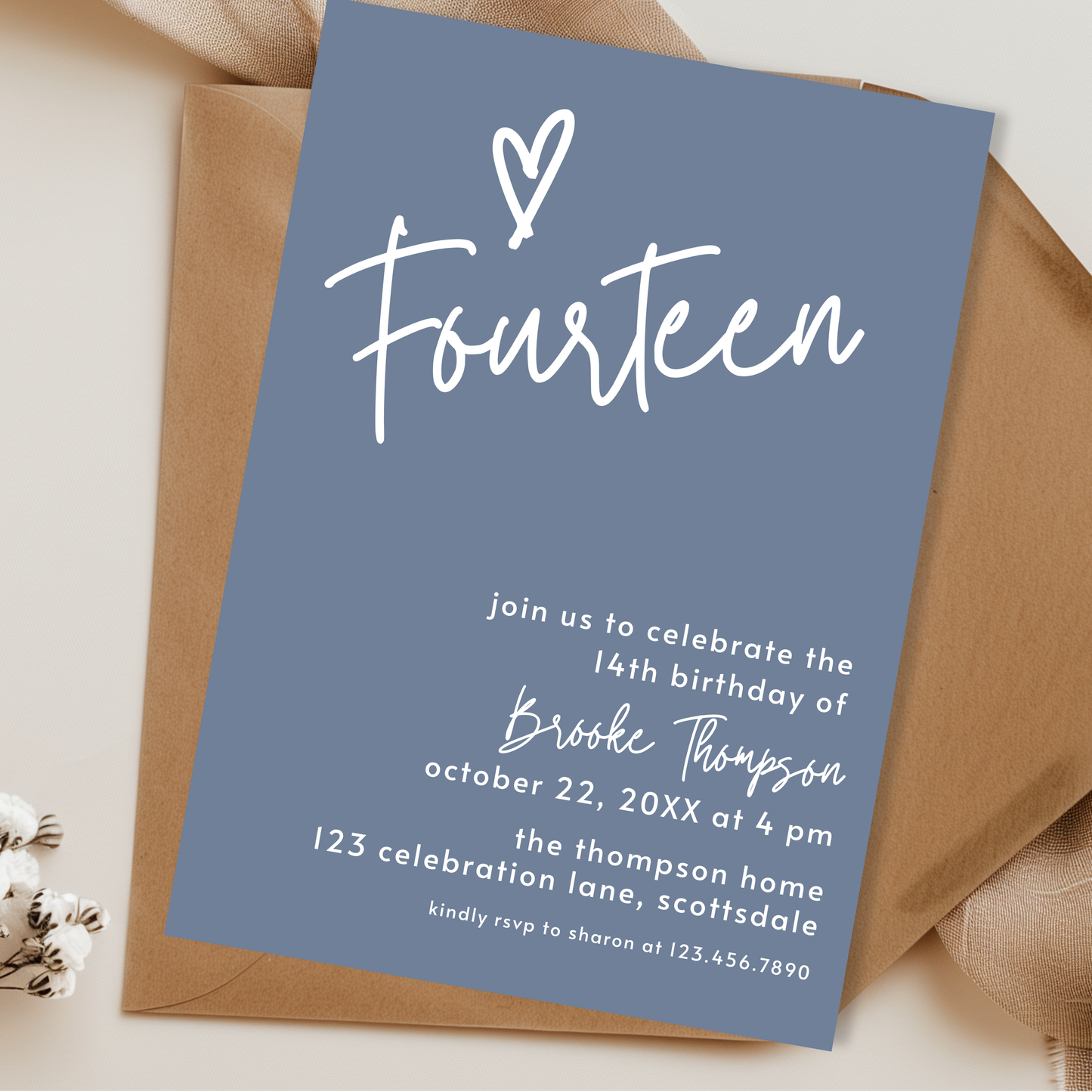 14th Birthday Dusty Blue Invite Template: Simple Teen Girl Printable Invitation 0011