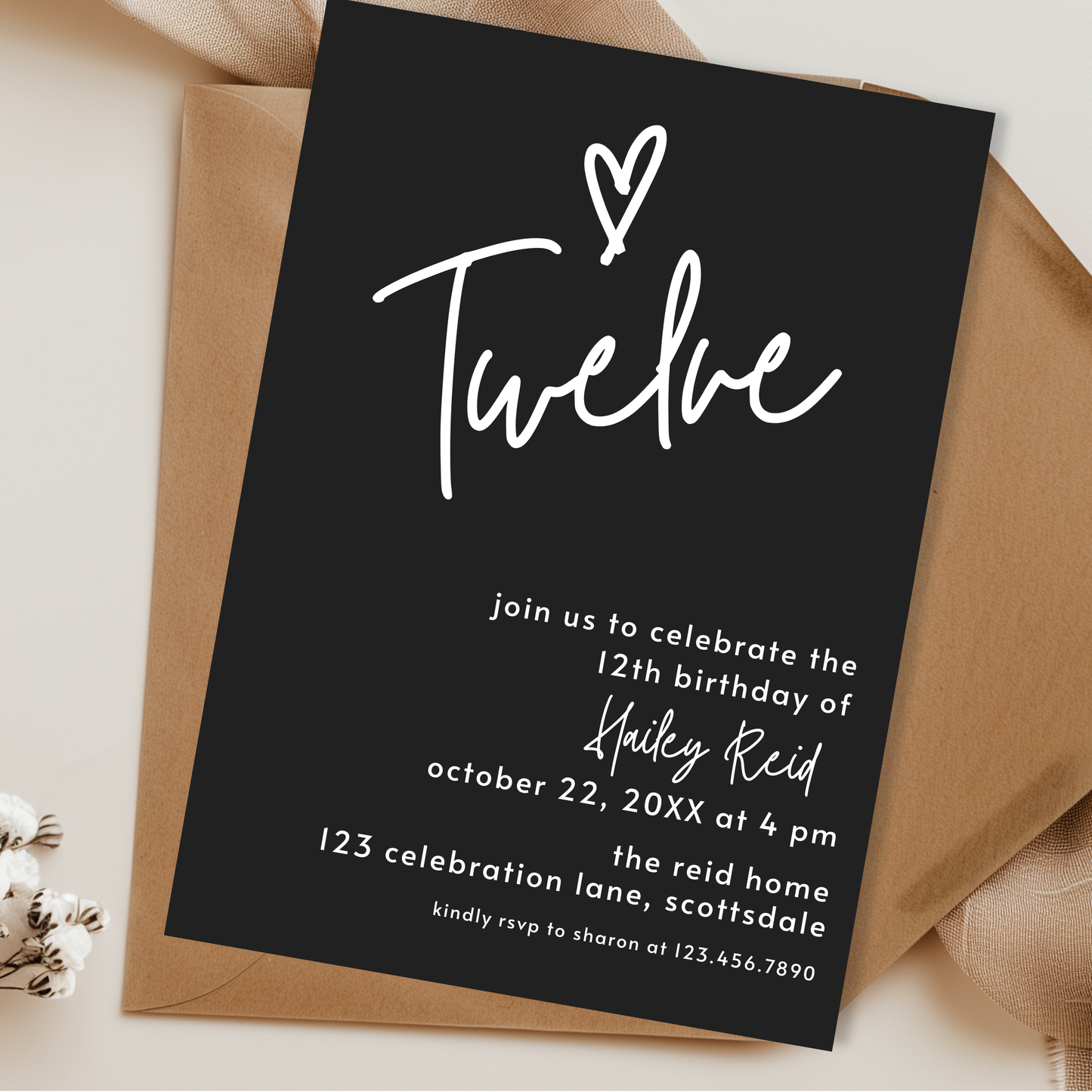 12th Birthday Invite Template: Simple Teen Girl Invitation Printable 0013