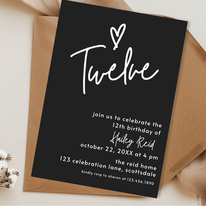 12th Birthday Invite Template: Simple Teen Girl Invitation Printable 0013