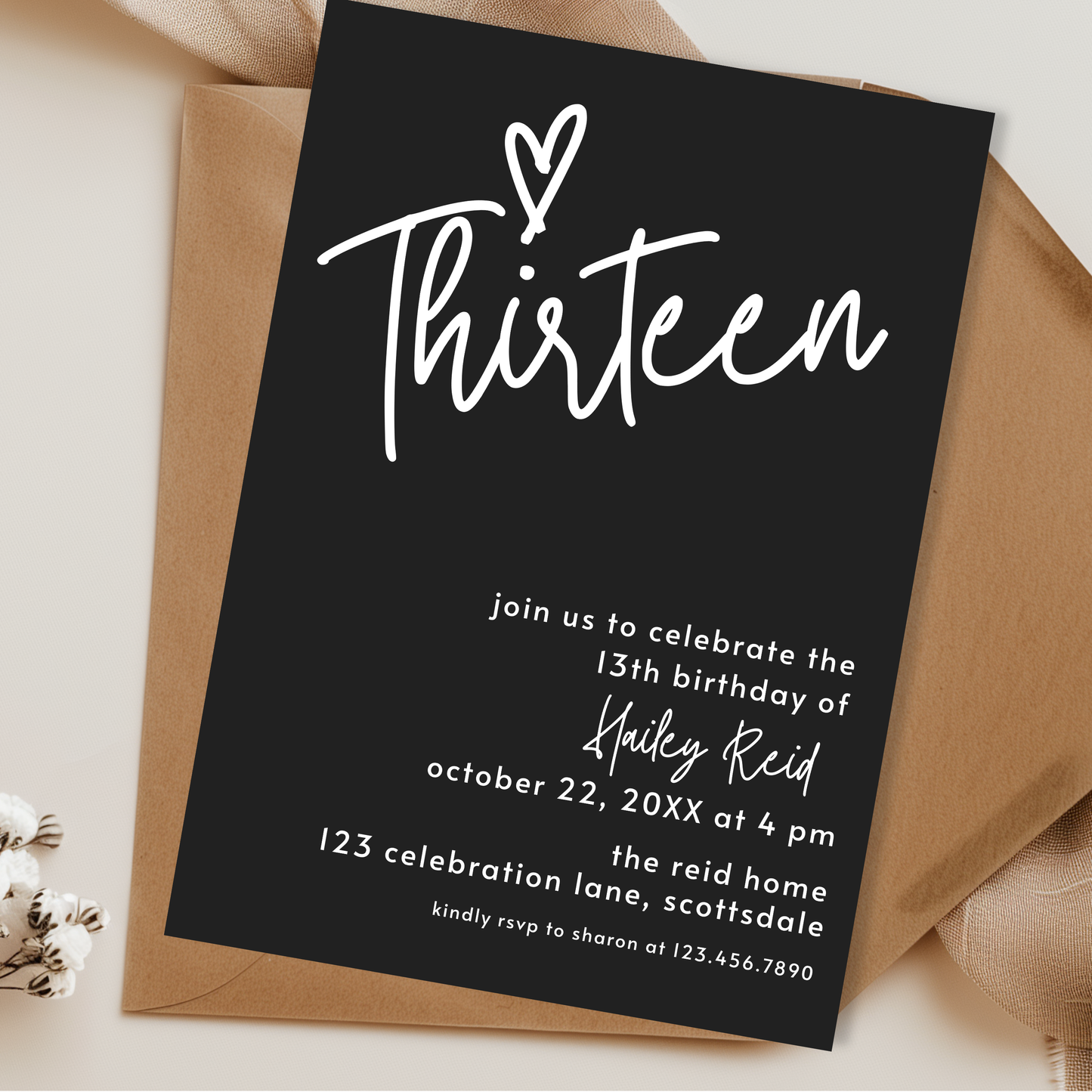 13th Birthday Charcoal Black Invite Template: Simple Teen Girl Printable 0013