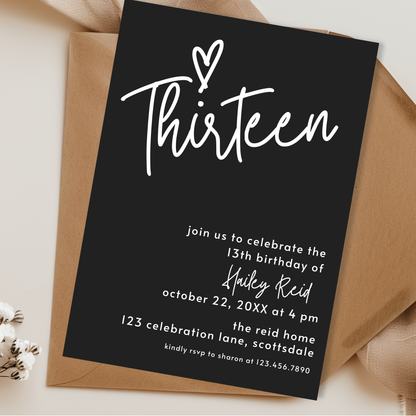 13th Birthday Charcoal Black Invite Template: Simple Teen Girl Printable 0013