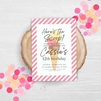 Here's the Scoop Invitation Ice Cream Birthday Party Invite Twelfth Birthday Invite Template Girls Sweet Birthday Party 12th Birthday 0002